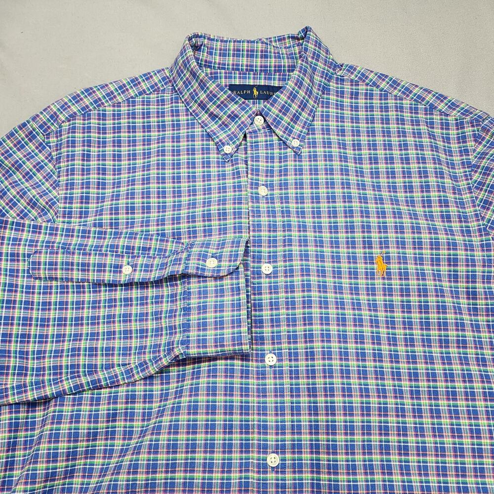 Ralph Lauren Men's Blue Green Orange Check Button Up Shirt Sz XL
